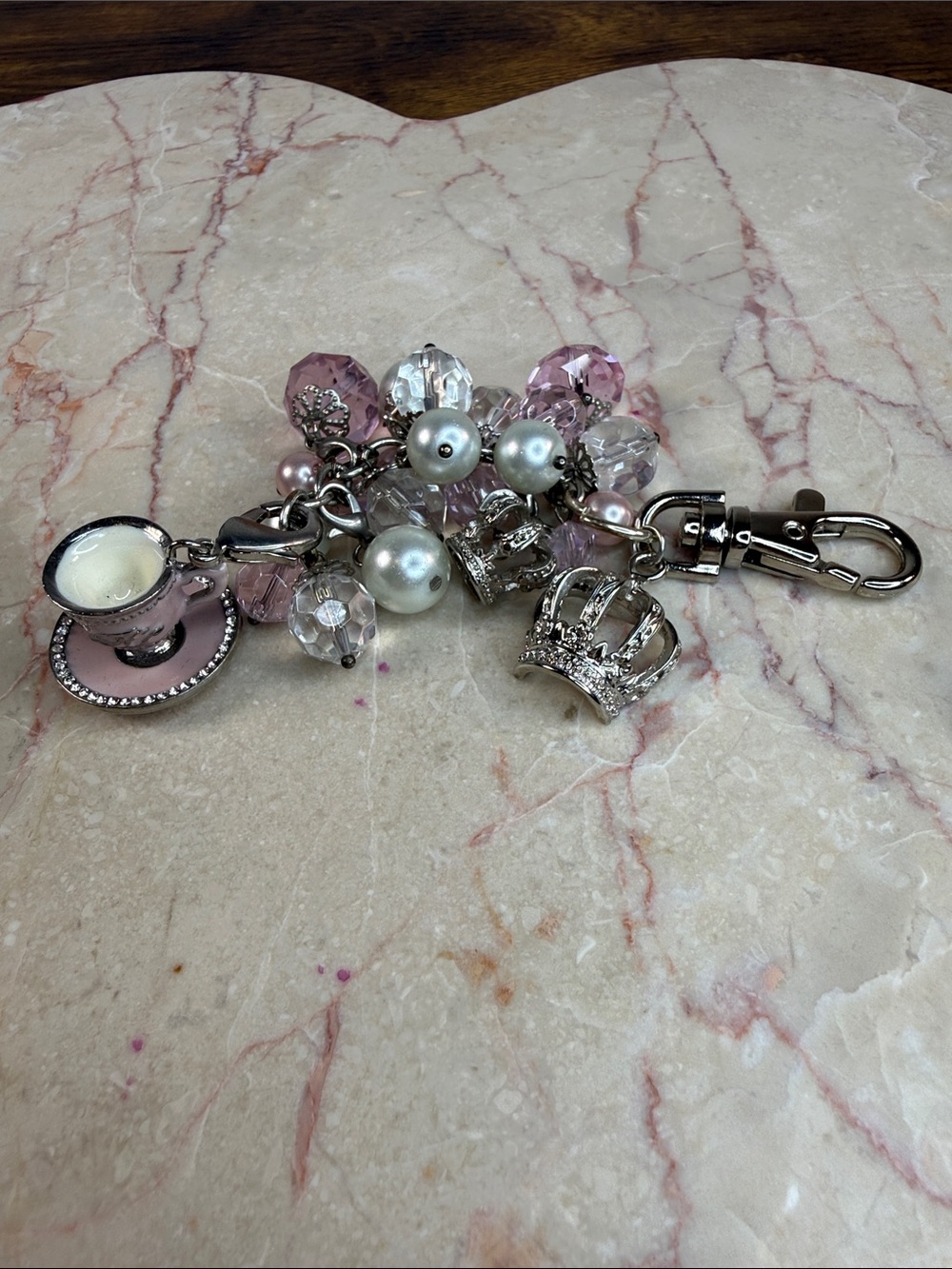 Pink Pearl & Crystal Charm Keychain with Crown and Teacup Charms